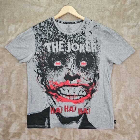 DC Comics Joker Dark Knight Batman Villain T-Shirt Mens Size L Gray Short Sleeve - Picture 2 of 10